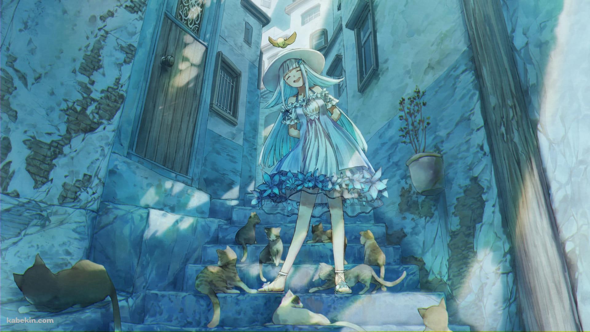 野良猫に囲まれて笑顔のリゼ・ヘルエスタ / にじさんじ / バーチャルYouTuber / ファンアート / イラストの壁紙(1920px x 1080px) 高画質 PC・デスクトップ用