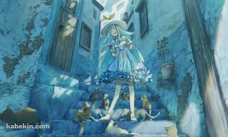 野良猫に囲まれて笑顔のリゼ・ヘルエスタ / にじさんじ / バーチャルYouTuber / ファンアート / イラストの壁紙(800px x 480px) 高画質 PC・デスクトップ用