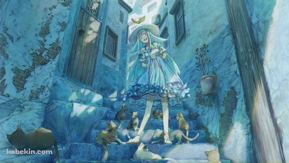 野良猫に囲まれて笑顔のリゼ・ヘルエスタ / にじさんじ / バーチャルYouTuber / ファンアート / イラストの壁紙(960px x 540px) 高画質 PC・デスクトップ用