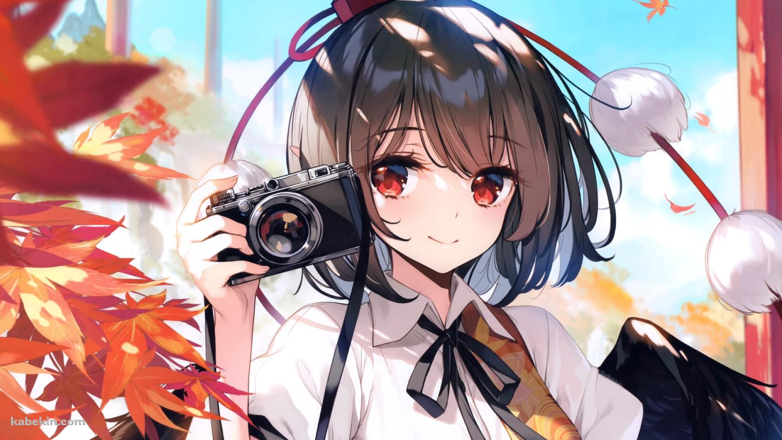 カメラを持つ射命丸文(しゃめいまる あや) / 東方 / ファンアート / イラストの壁紙(1600px x 900px) 高画質 PC・デスクトップ用