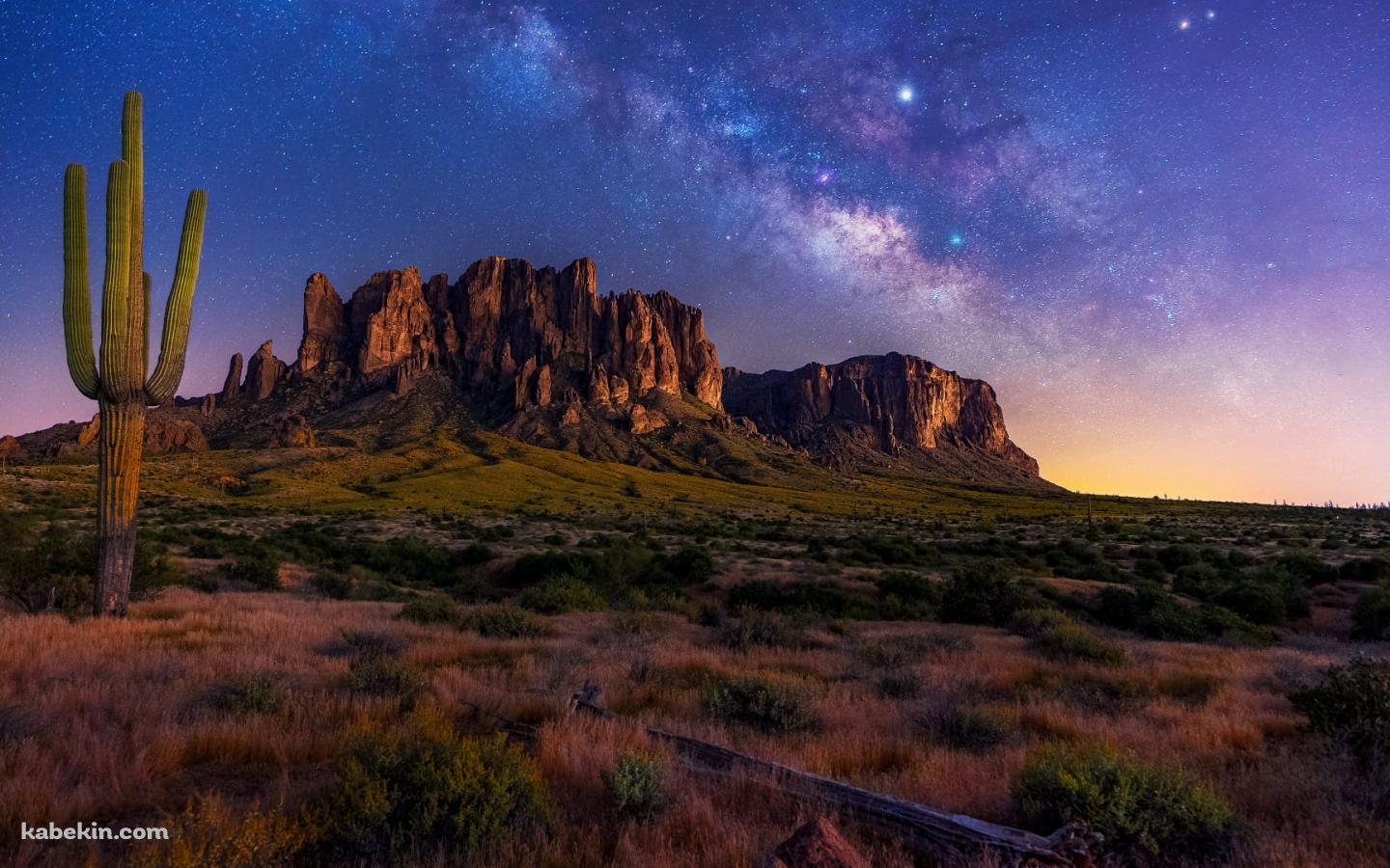 夜のスーパースティション・マウンテンズ / アリゾナ州 / 山脈 / 銀河 / サボテン / Superstition Mounts Arizonaの壁紙(1440px x 900px) 高画質 PC・デスクトップ用