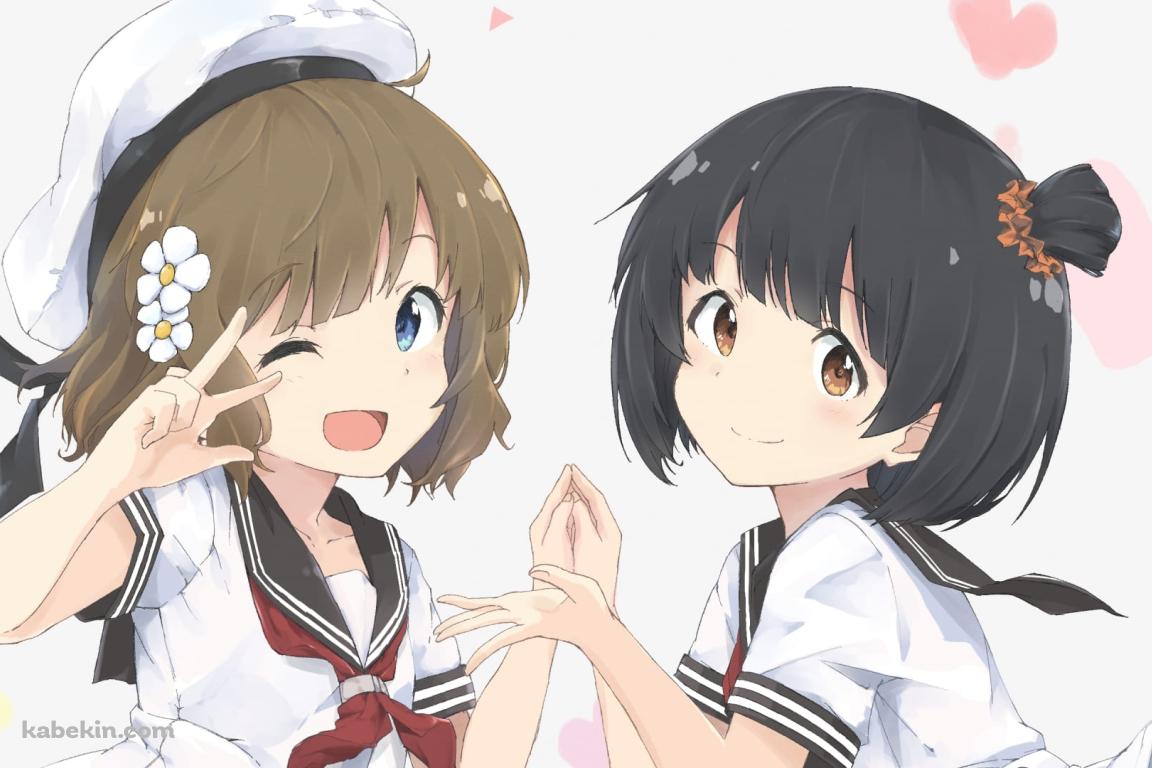 手を合わせるかわいい周防桃子（すおう ももこ）と中谷育（なかたに いく） / アイドルマスターミリオンライブ! / ファンアート / イラストの壁紙(1152px x 768px) 高画質 PC・デスクトップ用