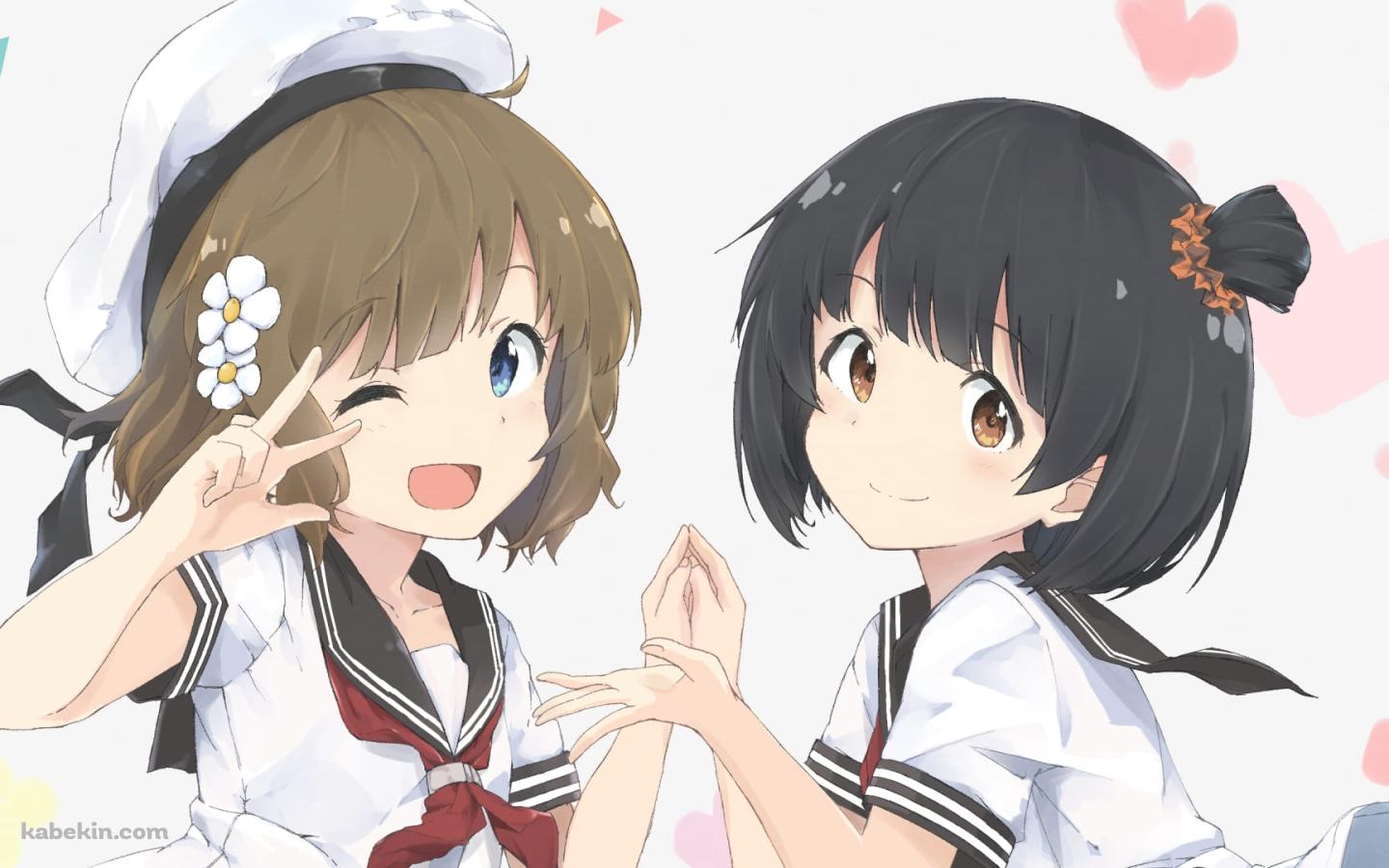 手を合わせるかわいい周防桃子（すおう ももこ）と中谷育（なかたに いく） / アイドルマスターミリオンライブ! / ファンアート / イラストの壁紙(1440px x 900px) 高画質 PC・デスクトップ用