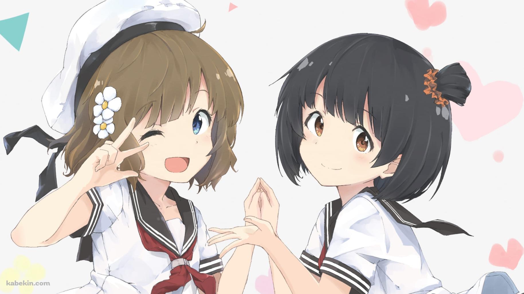 手を合わせるかわいい周防桃子（すおう ももこ）と中谷育（なかたに いく） / アイドルマスターミリオンライブ! / ファンアート / イラストの壁紙(1829px x 1029px) 高画質 PC・デスクトップ用