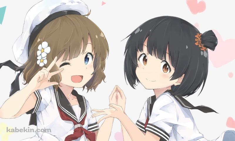 手を合わせるかわいい周防桃子（すおう ももこ）と中谷育（なかたに いく） / アイドルマスターミリオンライブ! / ファンアート / イラストの壁紙(800px x 480px) 高画質 PC・デスクトップ用