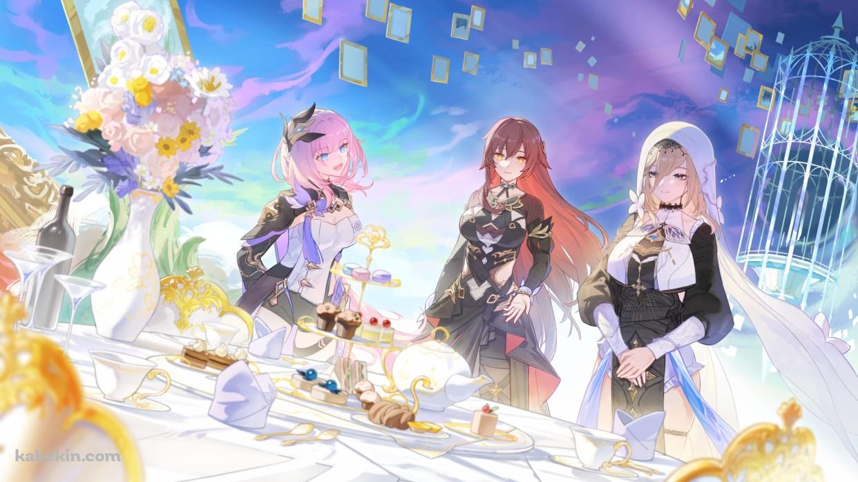 パーティーをするエリシアとアポニアとエデン / 崩壊3rd / ファンアート / イラストの壁紙(1242px x 698px) 高画質 PC・デスクトップ用