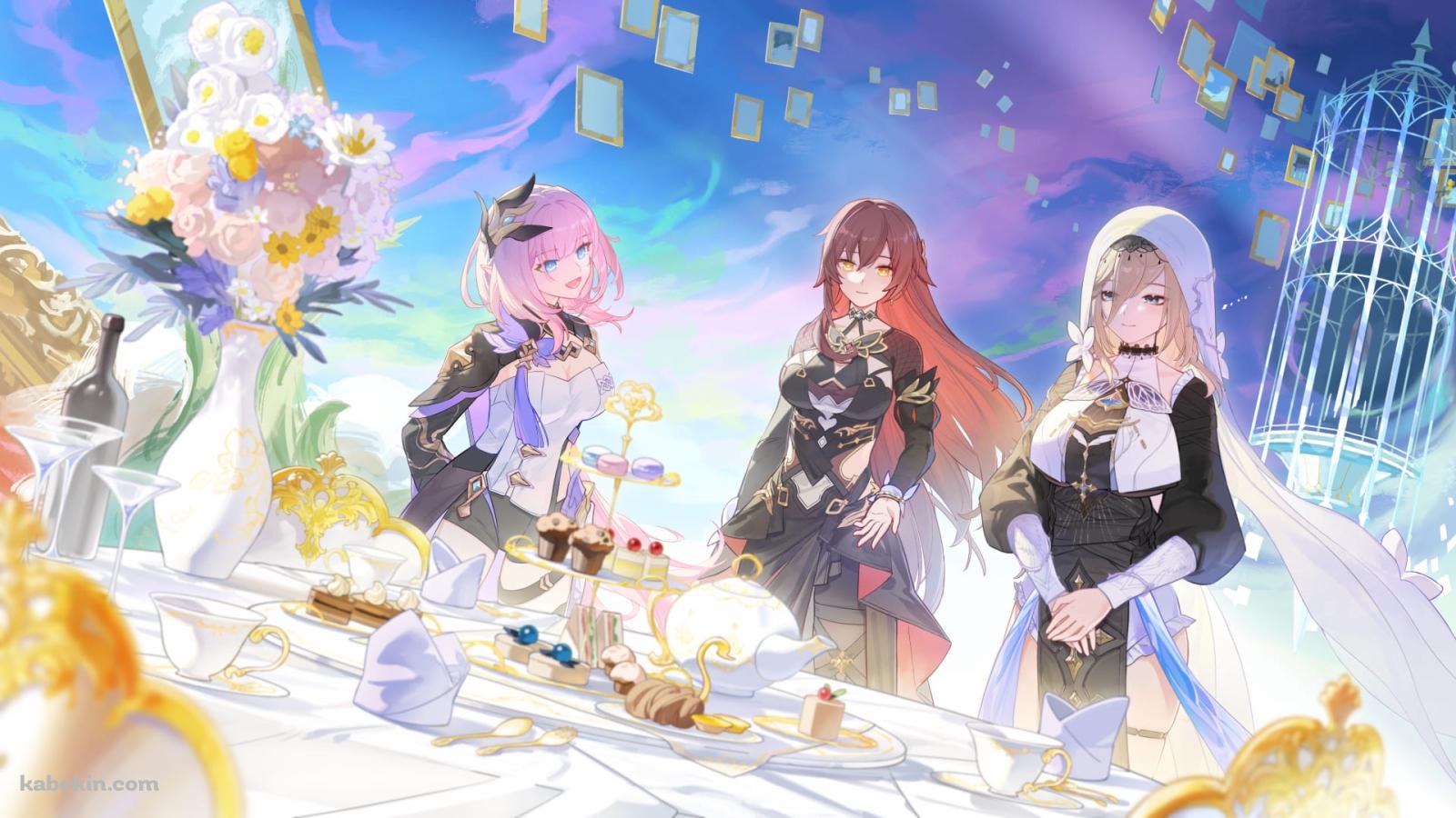 パーティーをするエリシアとアポニアとエデン / 崩壊3rd / ファンアート / イラストの壁紙(1600px x 900px) 高画質 PC・デスクトップ用
