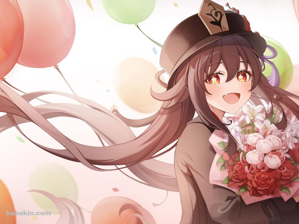 笑顔の胡桃 / 赤い薔薇の花束 / カラフルな風船 / 原神の壁紙(1024px x 768px) 高画質 PC・デスクトップ用