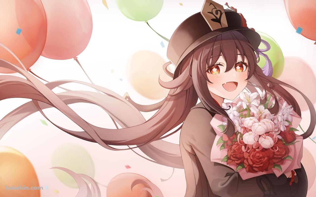 笑顔の胡桃 / 赤い薔薇の花束 / カラフルな風船 / 原神の壁紙(1280px x 800px) 高画質 PC・デスクトップ用