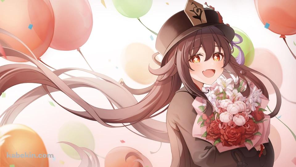 笑顔の胡桃 / 赤い薔薇の花束 / カラフルな風船 / 原神の壁紙(960px x 540px) 高画質 PC・デスクトップ用