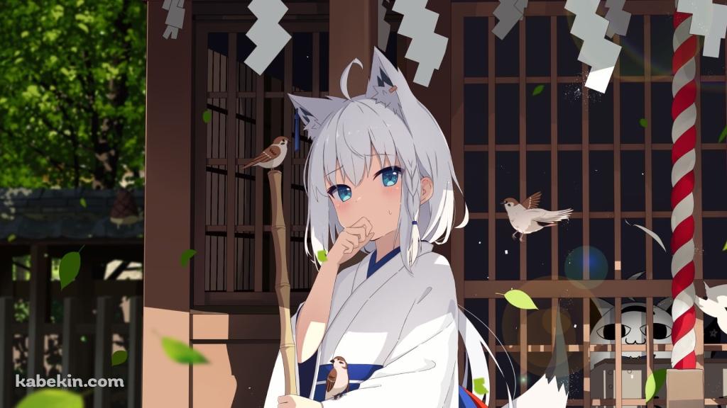 考え込むかわいい白上フブキ / ホウキ / 雀 / 神社 / 舞い散る葉っぱ / ファンアート / イラストの壁紙(1024px x 576px) 高画質 PC・デスクトップ用