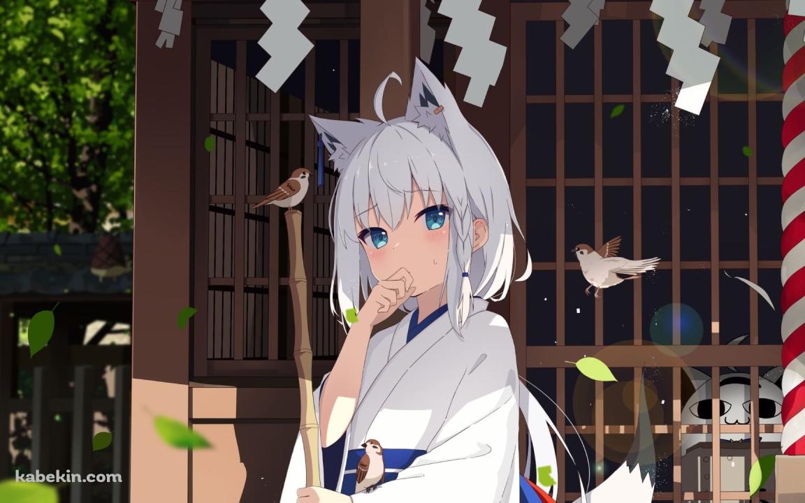 考え込むかわいい白上フブキ / ホウキ / 雀 / 神社 / 舞い散る葉っぱ / ファンアート / イラストの壁紙(1152px x 720px) 高画質 PC・デスクトップ用