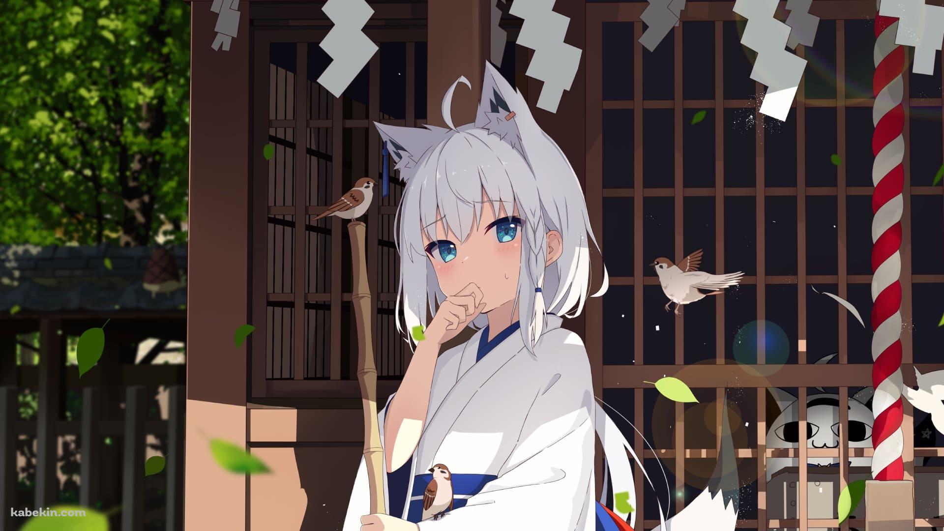 考え込むかわいい白上フブキ / ホウキ / 雀 / 神社 / 舞い散る葉っぱ / ファンアート / イラストの壁紙(1920px x 1080px) 高画質 PC・デスクトップ用