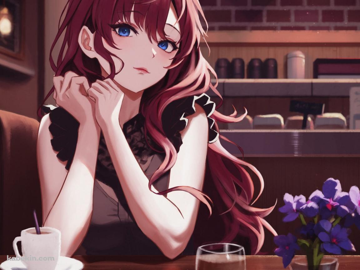 大人っぽい一ノ瀬志希(いちのせしき) / しきにゃん / 綺麗 / カフェ / 珈琲 / 紫の花 / グラスに入った水 / アイドルマスターシンデレラガールズ / ファンアート / イラストの壁紙(1152px x 864px) 高画質 PC・デスクトップ用