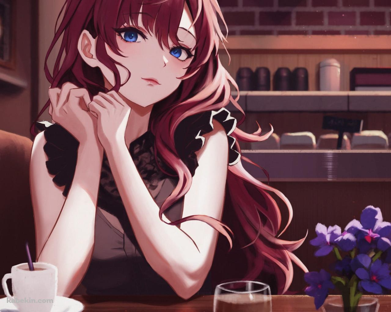 大人っぽい一ノ瀬志希(いちのせしき) / しきにゃん / 綺麗 / カフェ / 珈琲 / 紫の花 / グラスに入った水 / アイドルマスターシンデレラガールズ / ファンアート / イラストの壁紙(1280px x 1024px) 高画質 PC・デスクトップ用