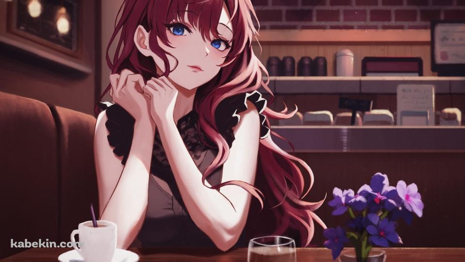 大人っぽい一ノ瀬志希(いちのせしき) / しきにゃん / 綺麗 / カフェ / 珈琲 / 紫の花 / グラスに入った水 / アイドルマスターシンデレラガールズ / ファンアート / イラストの壁紙(960px x 540px) 高画質 PC・デスクトップ用