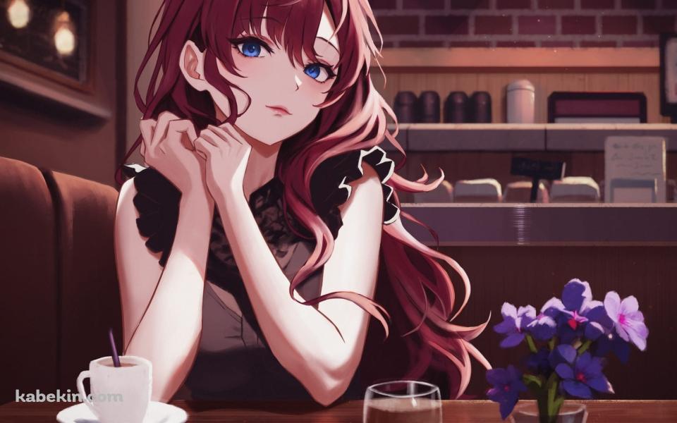 大人っぽい一ノ瀬志希(いちのせしき) / しきにゃん / 綺麗 / カフェ / 珈琲 / 紫の花 / グラスに入った水 / アイドルマスターシンデレラガールズ / ファンアート / イラストの壁紙(960px x 600px) 高画質 PC・デスクトップ用