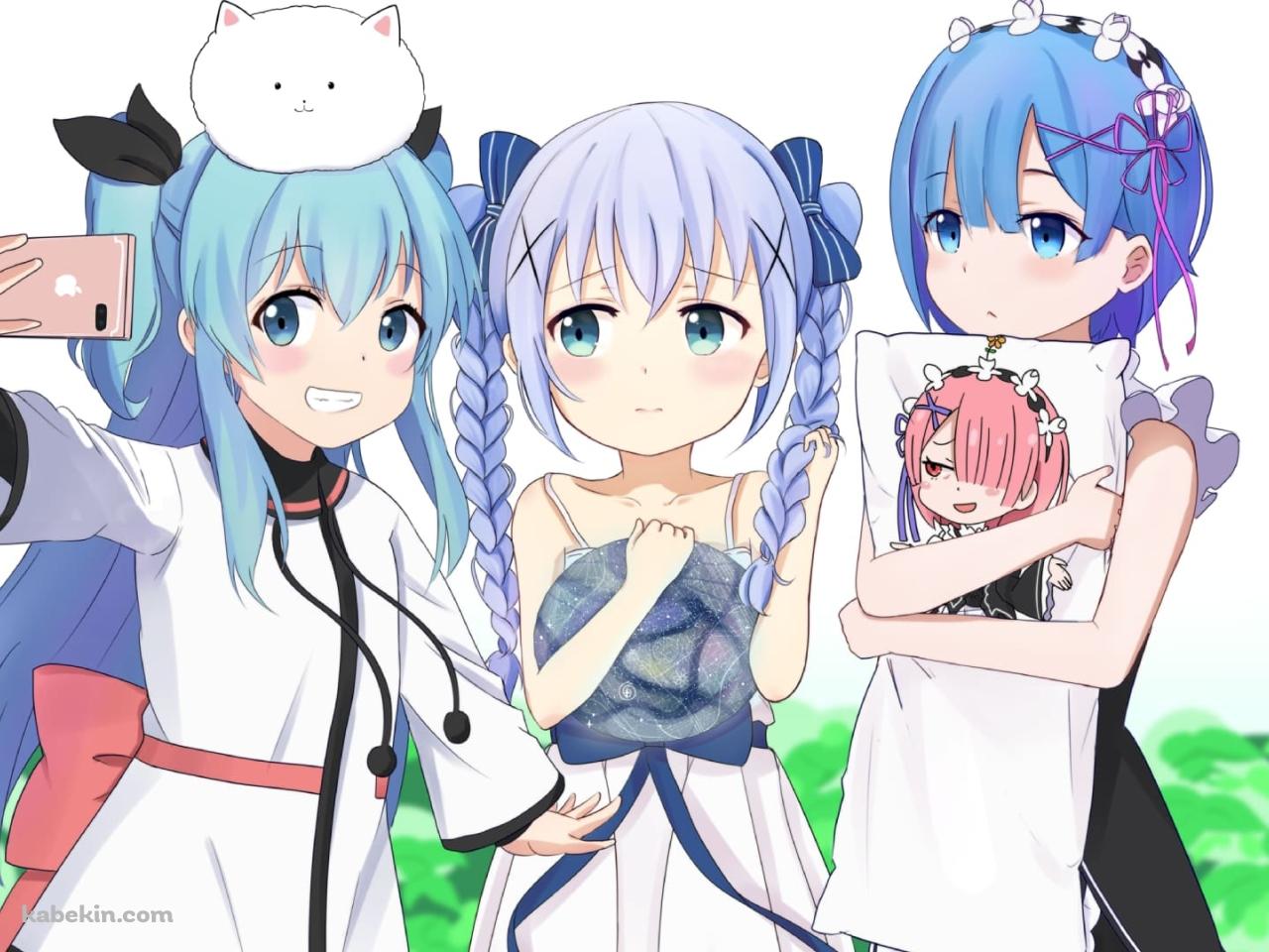 自撮りするレム・ラム / 香風智乃 / ティッピー / ノエル / re:ゼロから始める異世界生活 / ご注文はうさぎですか? / 天体のメソッド / ファンアート / イラストの壁紙(1280px x 960px) 高画質 PC・デスクトップ用