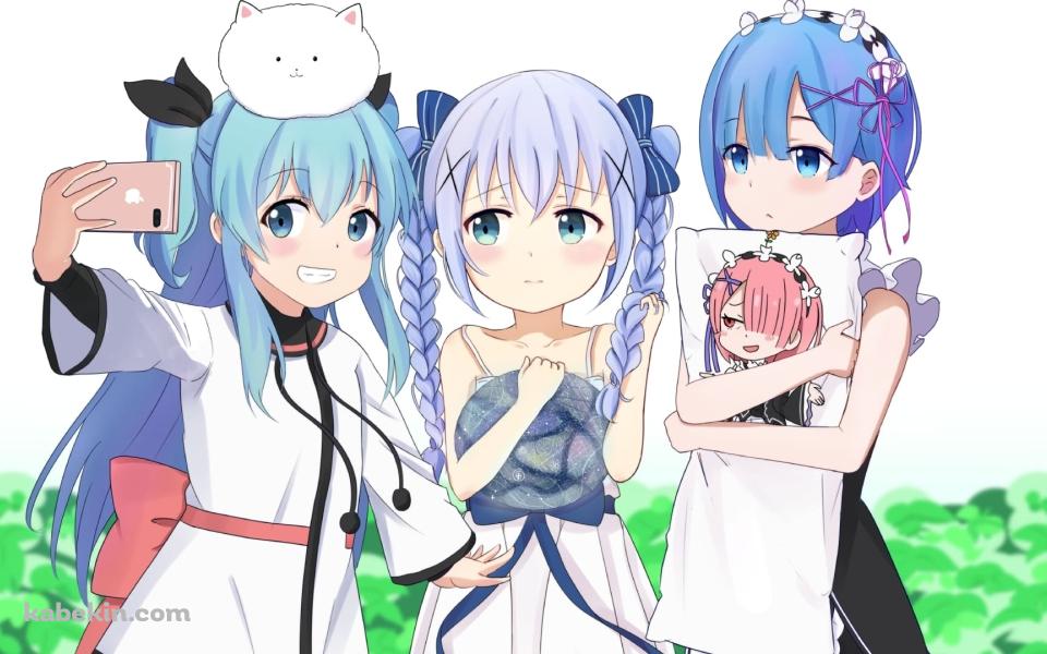 自撮りするレム・ラム / 香風智乃 / ティッピー / ノエル / re:ゼロから始める異世界生活 / ご注文はうさぎですか? / 天体のメソッド / ファンアート / イラストの壁紙(960px x 600px) 高画質 PC・デスクトップ用