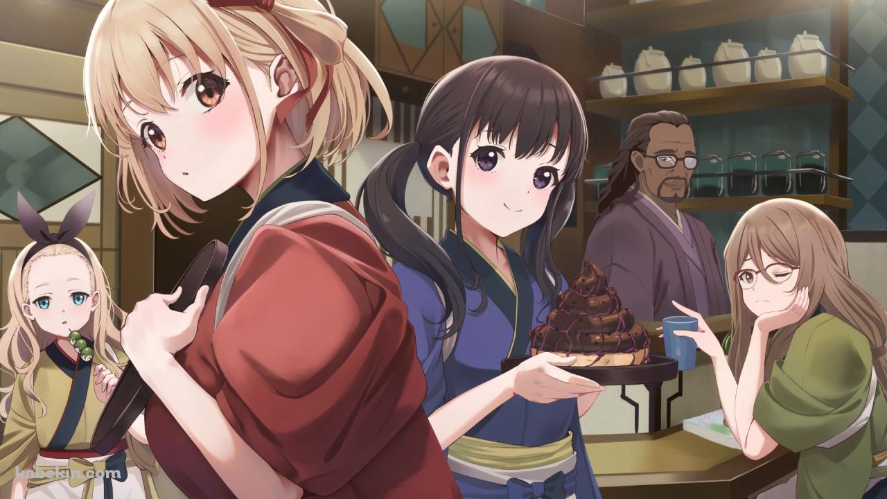 お盆を持つ錦木千束 / 料理を運ぶ井ノ上たきな / お団子を食べるクルミ / 湯呑を持つ中原ミズキ / こちらを見るミカ / リコリス・リコイルの壁紙(1280px x 720px) 高画質 PC・デスクトップ用