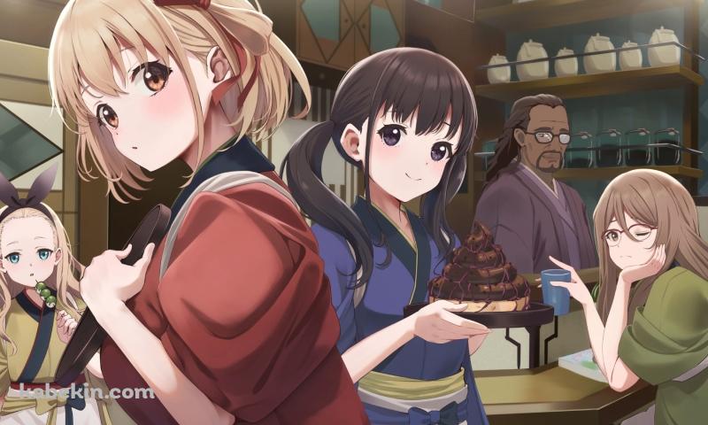 お盆を持つ錦木千束 / 料理を運ぶ井ノ上たきな / お団子を食べるクルミ / 湯呑を持つ中原ミズキ / こちらを見るミカ / リコリス・リコイルの壁紙(800px x 480px) 高画質 PC・デスクトップ用