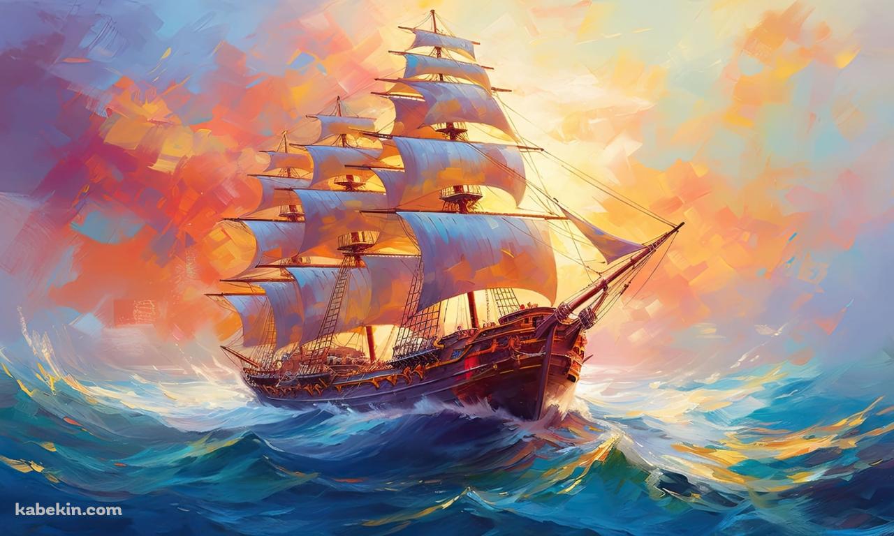 航海 / 帆船 / イラスト / 荒波 / 絵 / 綺麗の壁紙(1280px x 768px) 高画質 PC・デスクトップ用