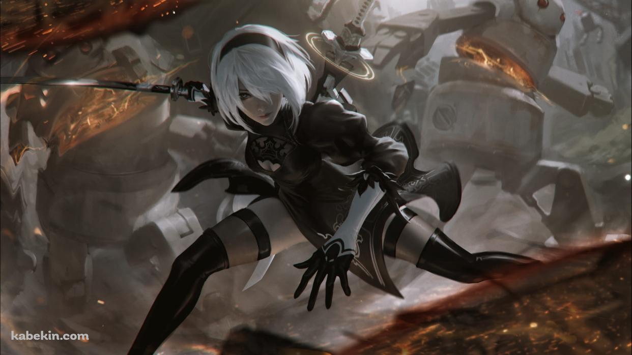 敵を一網打尽にするかっこいい2B / ヨルハ二号b型 / nier: automataの壁紙(1242px x 698px) 高画質 PC・デスクトップ用
