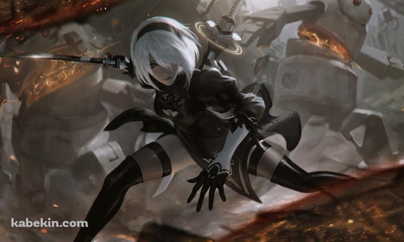 敵を一網打尽にするかっこいい2B / ヨルハ二号b型 / nier: automataの壁紙(800px x 480px) 高画質 PC・デスクトップ用
