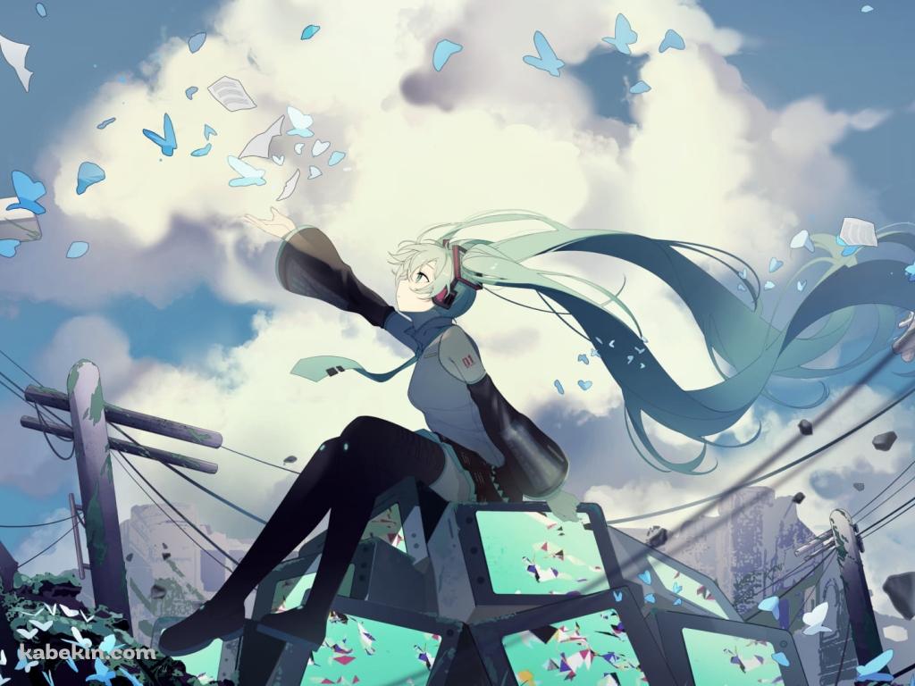 沢山のテレビの上に座る初音ミク / 青い蝶 / 破壊された街 / ボカロ / ボーカロイド / ファンアート / イラストの壁紙(1024px x 768px) 高画質 PC・デスクトップ用