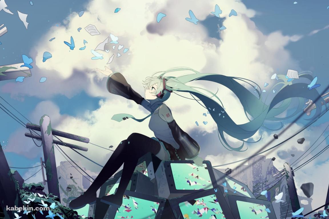 沢山のテレビの上に座る初音ミク / 青い蝶 / 破壊された街 / ボカロ / ボーカロイド / ファンアート / イラストの壁紙(1152px x 768px) 高画質 PC・デスクトップ用