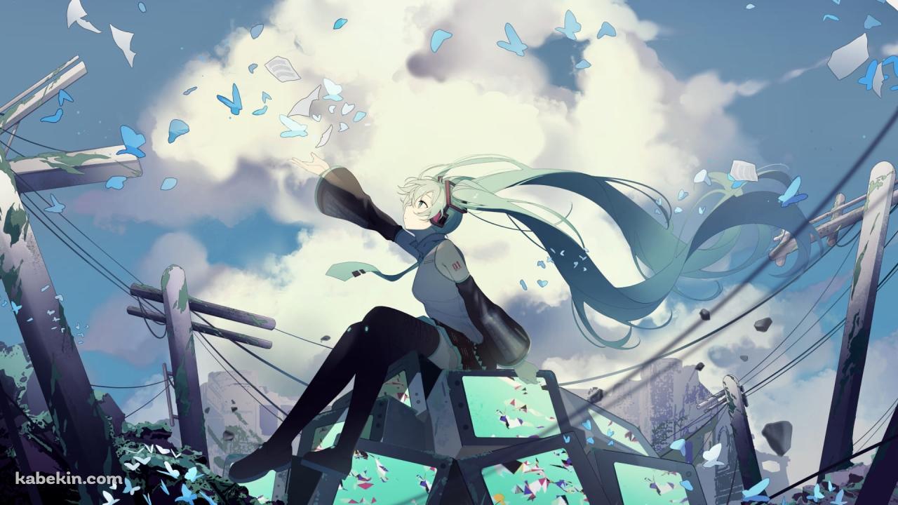 沢山のテレビの上に座る初音ミク / 青い蝶 / 破壊された街 / ボカロ / ボーカロイド / ファンアート / イラストの壁紙(1280px x 720px) 高画質 PC・デスクトップ用