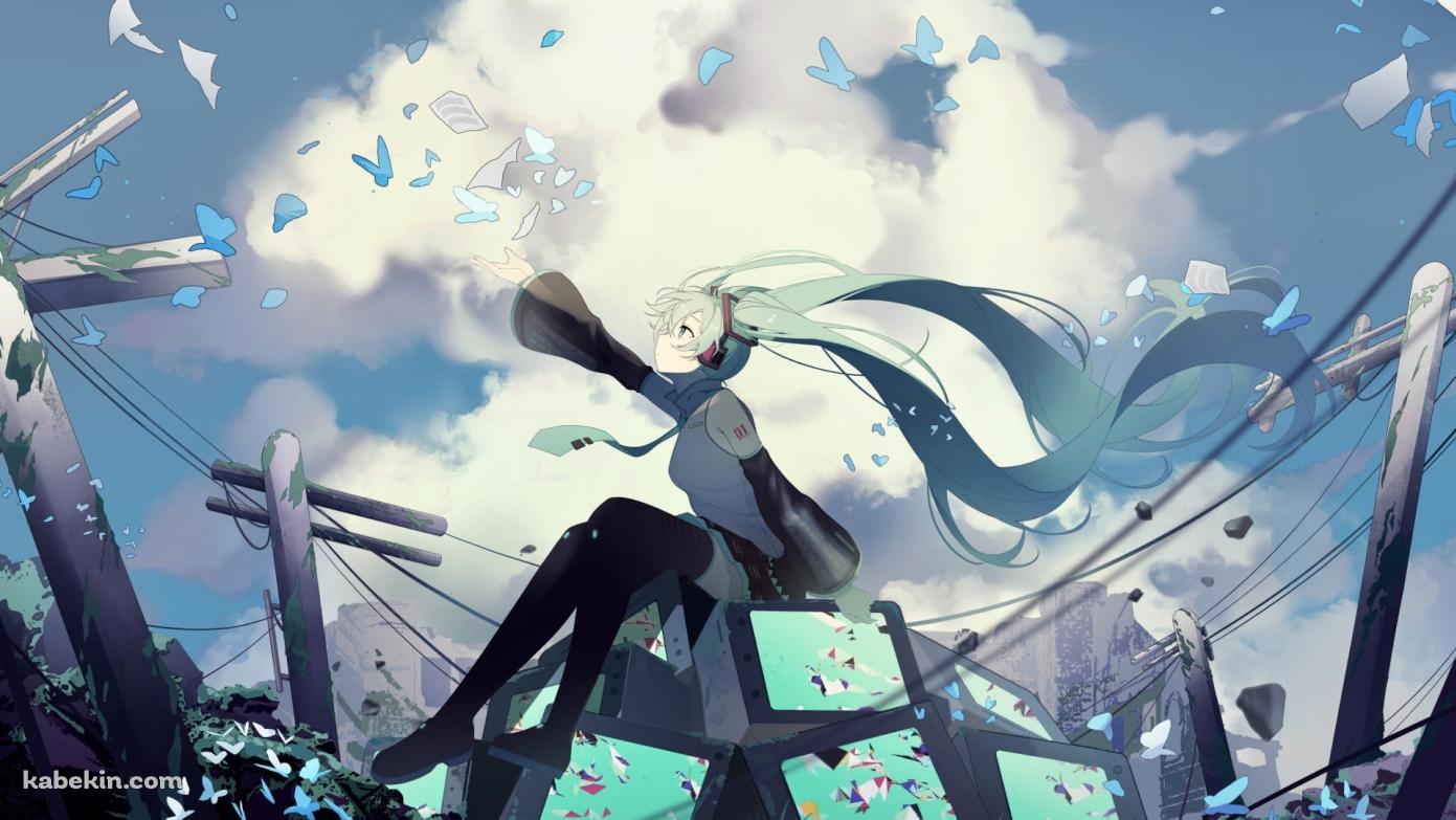 沢山のテレビの上に座る初音ミク / 青い蝶 / 破壊された街 / ボカロ / ボーカロイド / ファンアート / イラストの壁紙(1391px x 783px) 高画質 PC・デスクトップ用