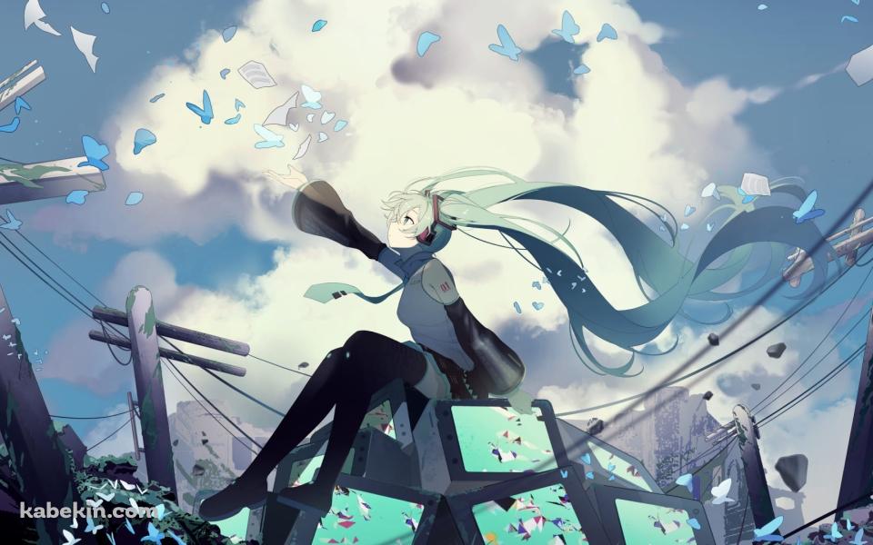 沢山のテレビの上に座る初音ミク / 青い蝶 / 破壊された街 / ボカロ / ボーカロイド / ファンアート / イラストの壁紙(960px x 600px) 高画質 PC・デスクトップ用
