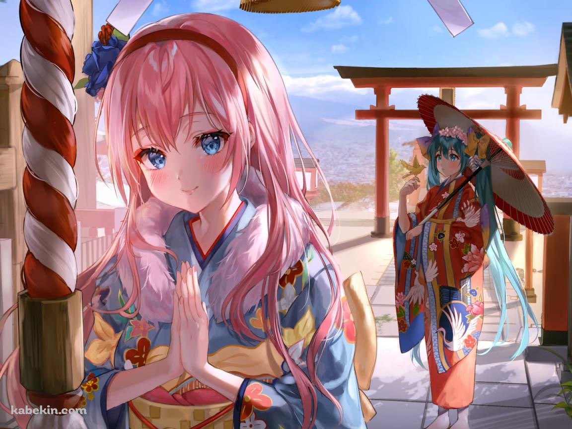神社にお参りをする初音ミクと巡音ルカ / 初詣 / 祈願 / 赤い鳥居 / 賽銭箱 / ファンアート / イラストの壁紙(1152px x 864px) 高画質 PC・デスクトップ用