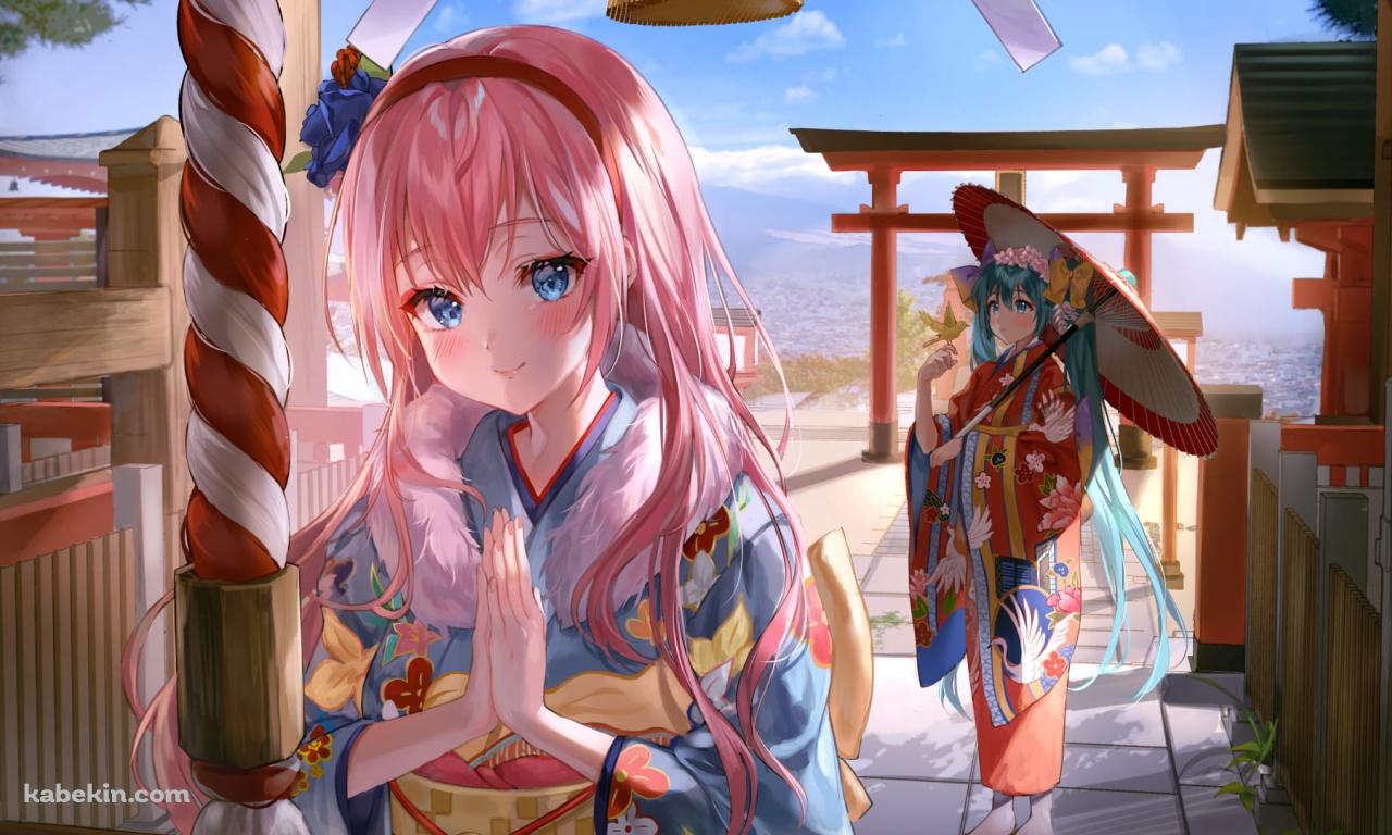 神社にお参りをする初音ミクと巡音ルカ / 初詣 / 祈願 / 赤い鳥居 / 賽銭箱 / ファンアート / イラストの壁紙(1280px x 768px) 高画質 PC・デスクトップ用