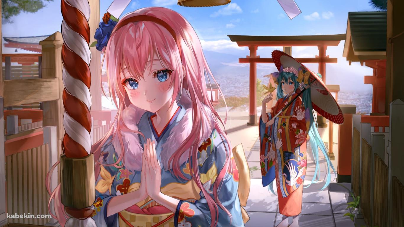 神社にお参りをする初音ミクと巡音ルカ / 初詣 / 祈願 / 赤い鳥居 / 賽銭箱 / ファンアート / イラストの壁紙(1366px x 768px) 高画質 PC・デスクトップ用