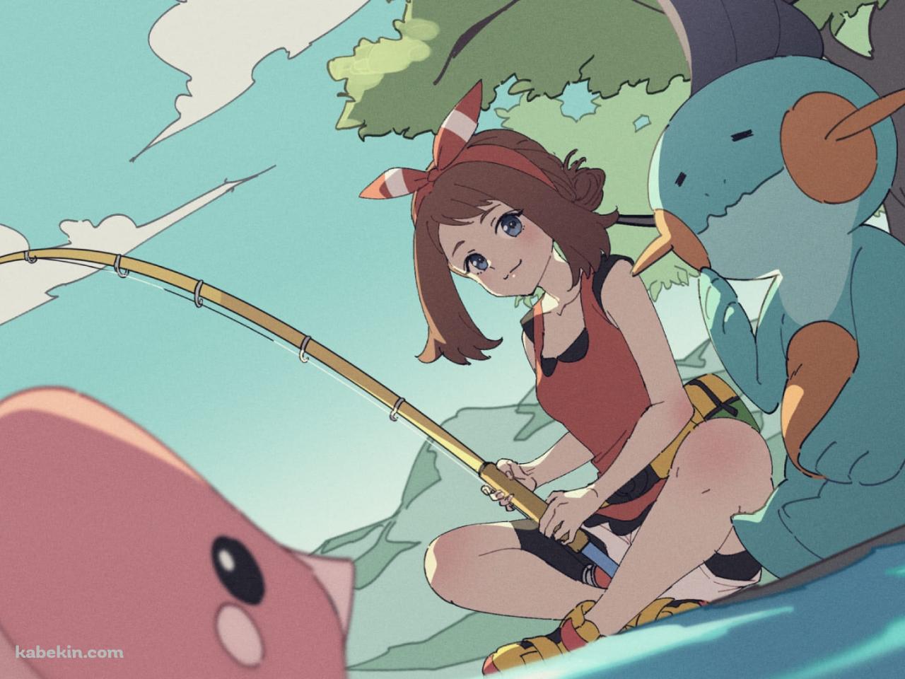 釣りをするハルカ / トレーナー / ラブカス / ヌマクロー / ポケモン / ファンアート / イラストの壁紙(1280px x 960px) 高画質 PC・デスクトップ用