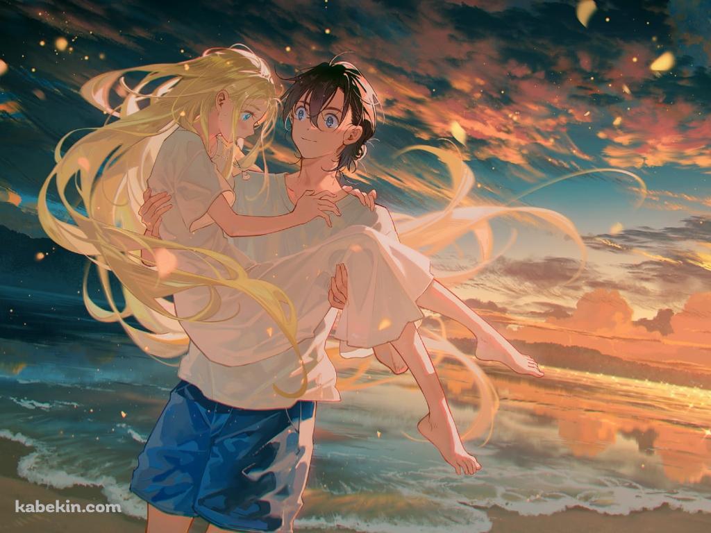 海辺で小舟潮をお姫様抱っこをする網代慎平 / サマータイムレンダ / ファンアート / イラストの壁紙(1024px x 768px) 高画質 PC・デスクトップ用