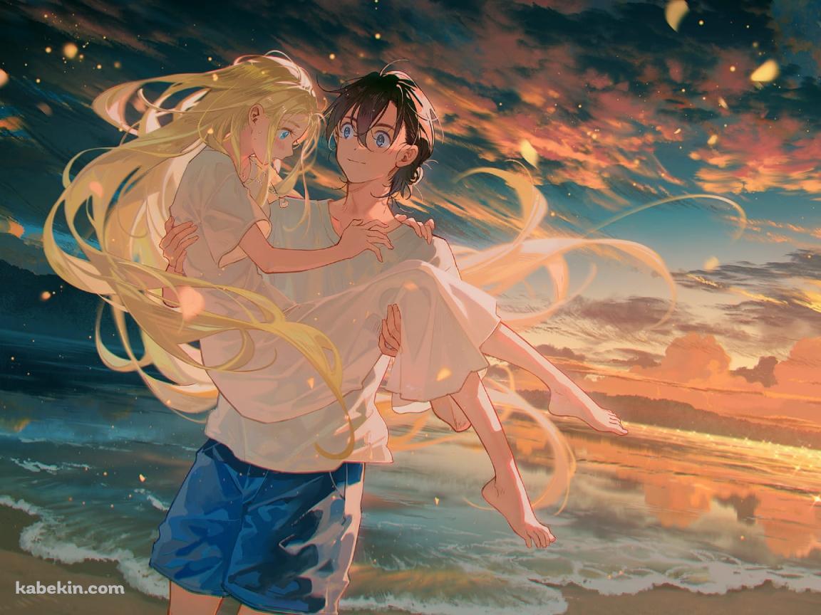 海辺で小舟潮をお姫様抱っこをする網代慎平 / サマータイムレンダ / ファンアート / イラストの壁紙(1152px x 864px) 高画質 PC・デスクトップ用