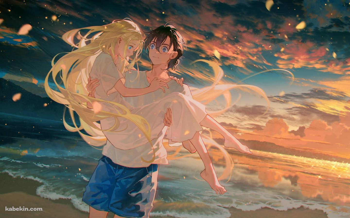 海辺で小舟潮をお姫様抱っこをする網代慎平 / サマータイムレンダ / ファンアート / イラストの壁紙(1440px x 900px) 高画質 PC・デスクトップ用