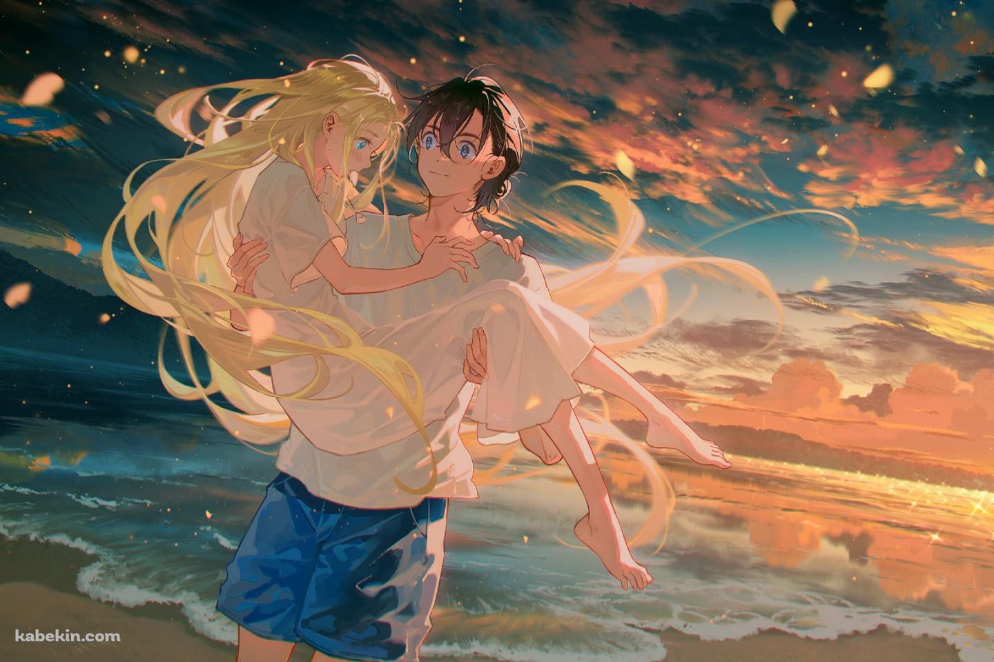 海辺で小舟潮をお姫様抱っこをする網代慎平 / サマータイムレンダ / ファンアート / イラストの壁紙(1440px x 960px) 高画質 PC・デスクトップ用