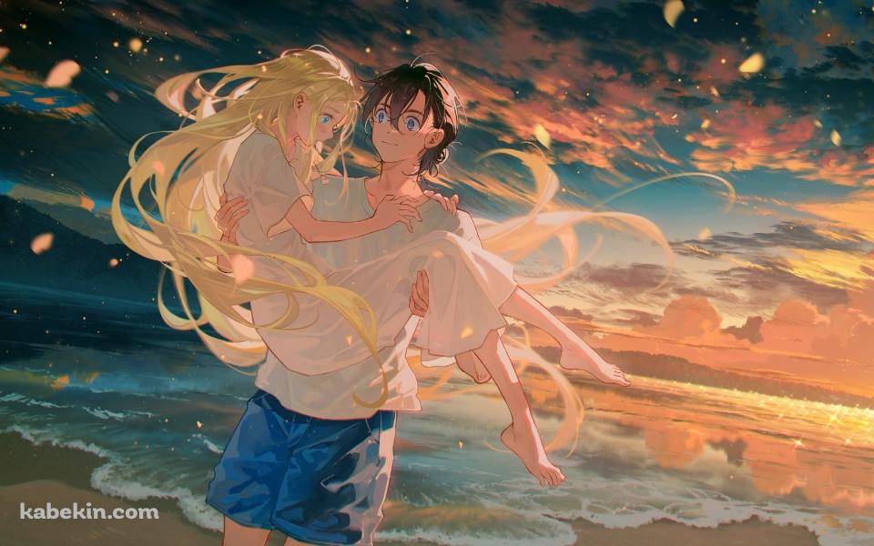 海辺で小舟潮をお姫様抱っこをする網代慎平 / サマータイムレンダ / ファンアート / イラストの壁紙(960px x 600px) 高画質 PC・デスクトップ用