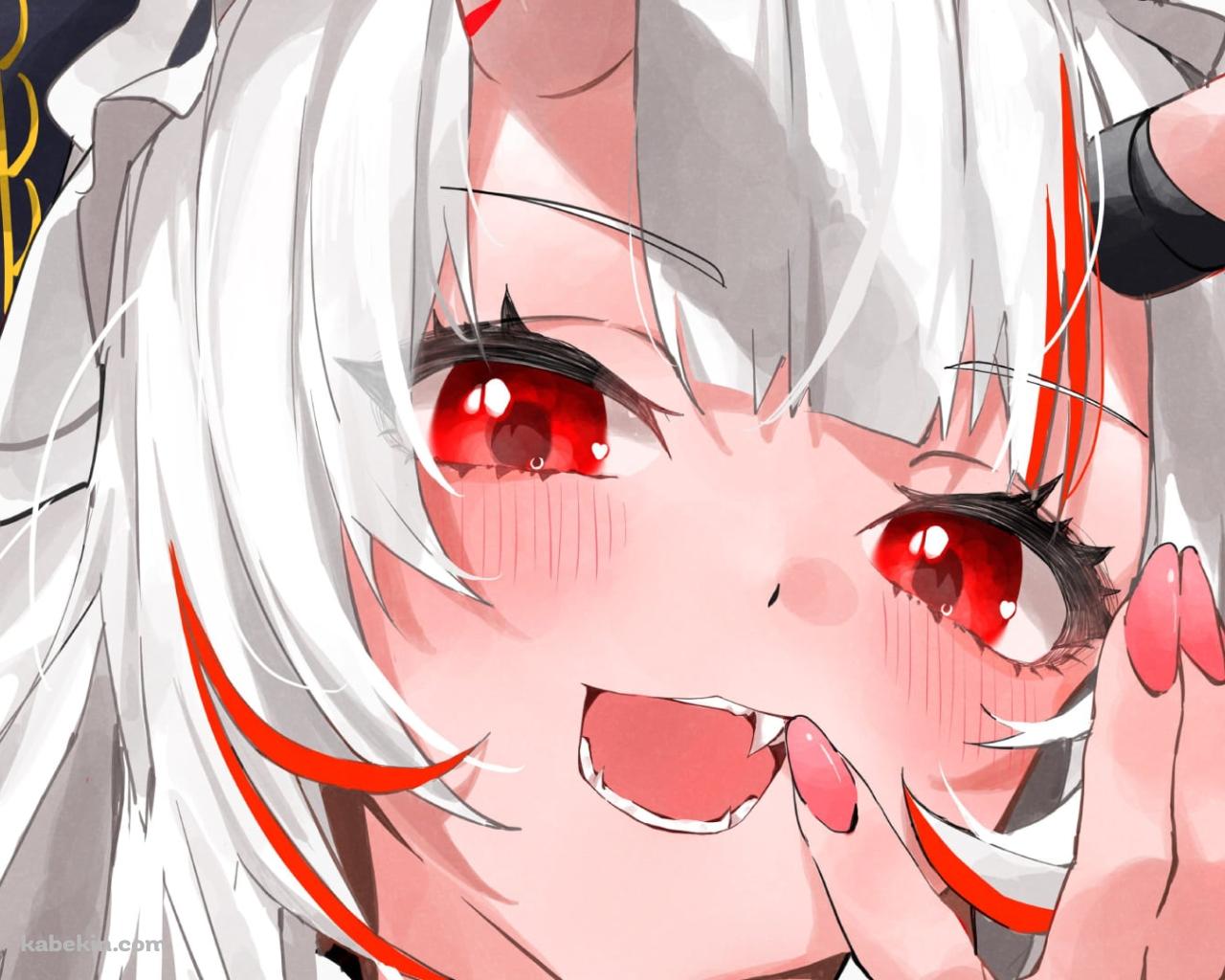 八重歯を見せるかわいい百鬼あやめ(なりきり あやめ) / バーチャル鬼神 / ホロライブ / バーチャルYouTuberの壁紙(1280px x 1024px) 高画質 PC・デスクトップ用