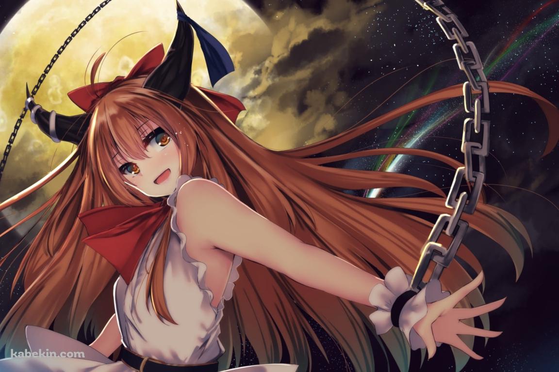 満月と振り返る伊吹萃香（いぶき すいか） / 東方の壁紙(1152px x 768px) 高画質 PC・デスクトップ用