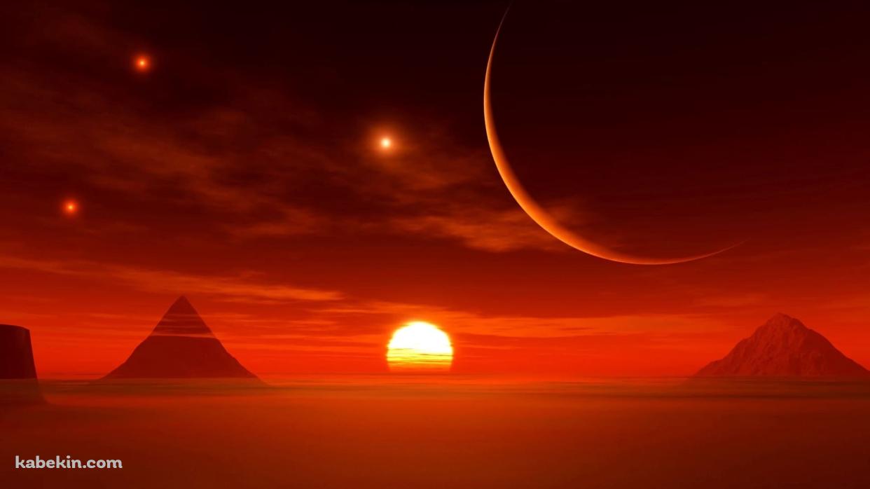 赤い風景 / 綺麗な夕陽 / 大きな惑星 / 鋭角な山の壁紙(1242px x 698px) 高画質 PC・デスクトップ用