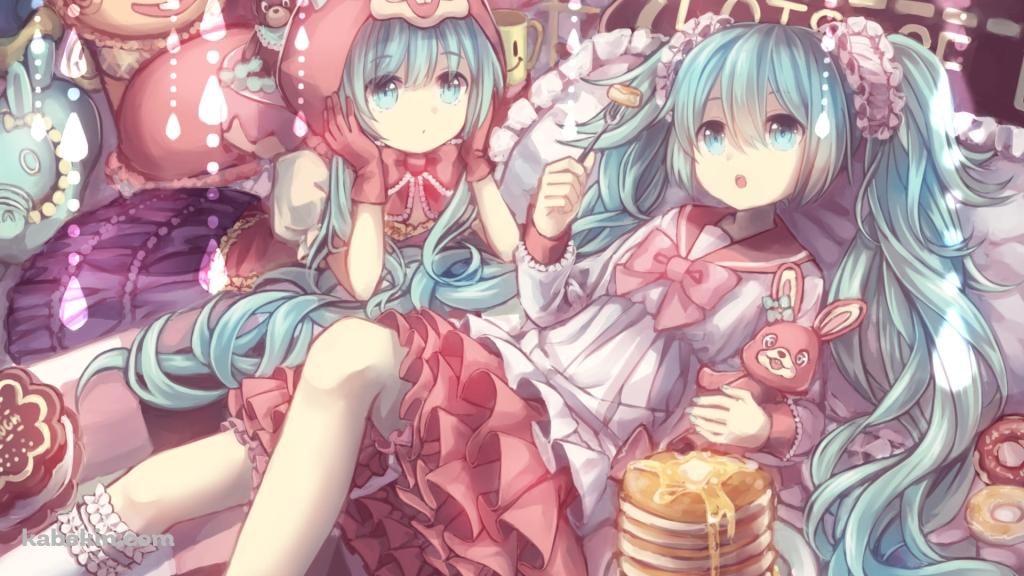 ピンクの兎のぬいぐるみを持つかわいい初音ミク / ボカロ / ボーカロイドの壁紙(1024px x 576px) 高画質 PC・デスクトップ用