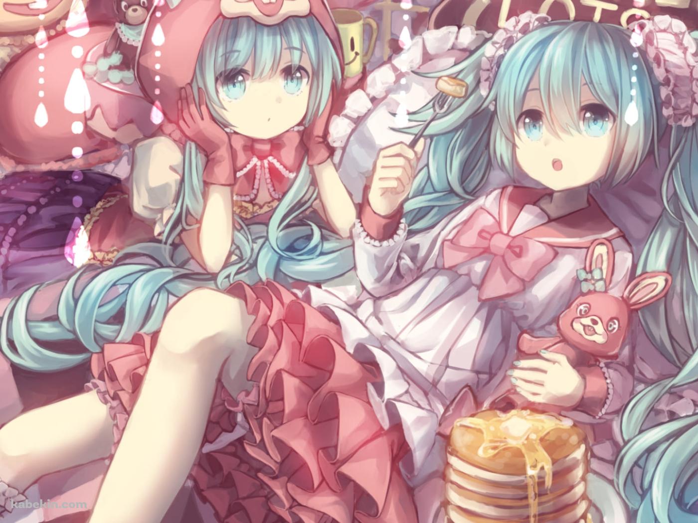ピンクの兎のぬいぐるみを持つかわいい初音ミク / ボカロ / ボーカロイドの壁紙(1400px x 1050px) 高画質 PC・デスクトップ用