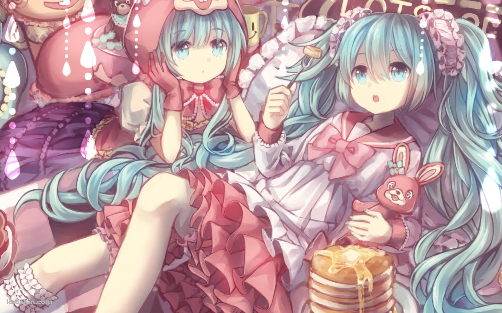 ピンクの兎のぬいぐるみを持つかわいい初音ミク / ボカロ / ボーカロイドの壁紙(1680px x 1050px) 高画質 PC・デスクトップ用