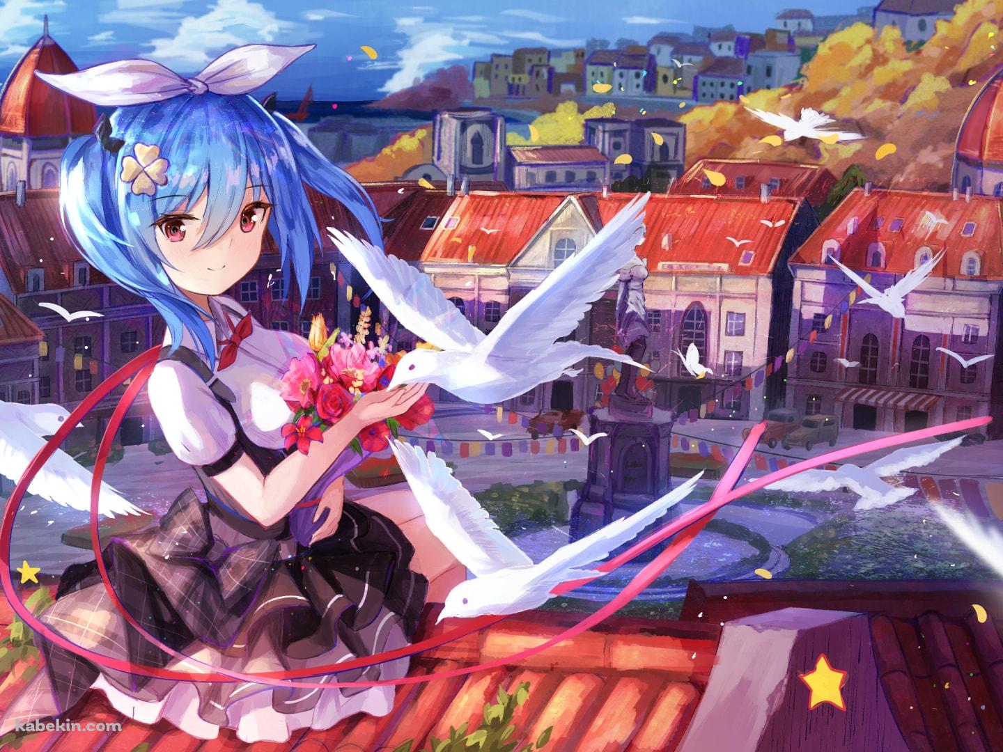白い鳥と屋根に座る可愛いプリンツ・オイゲン / 戦艦少女Rの壁紙(1440px x 1080px) 高画質 PC・デスクトップ用