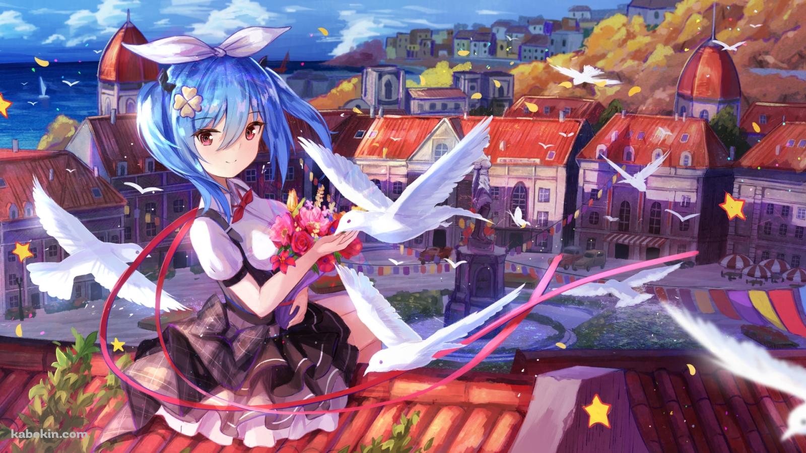 白い鳥と屋根に座る可愛いプリンツ・オイゲン / 戦艦少女Rの壁紙(1600px x 900px) 高画質 PC・デスクトップ用